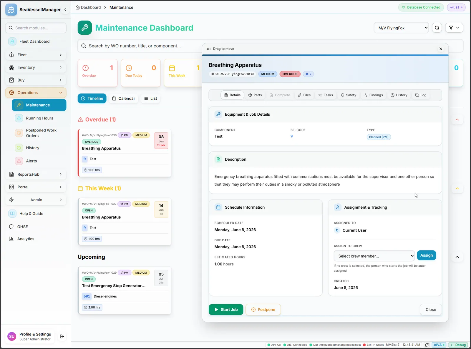 SeaVesselManager maintenance dashboard showing due, overdue and completed planned maintenance work orders with counts per vessel