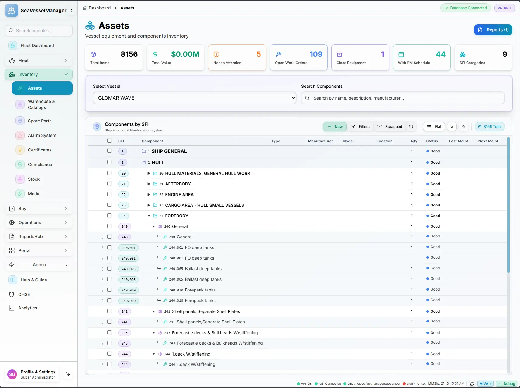 SeaVesselManager Assets module showing the SFI equipment hierarchy for a vessel