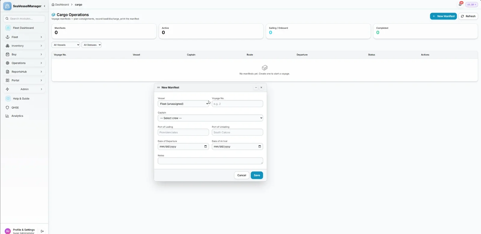 SeaVesselManager Cargo Operations with a form for a new voyage manifest