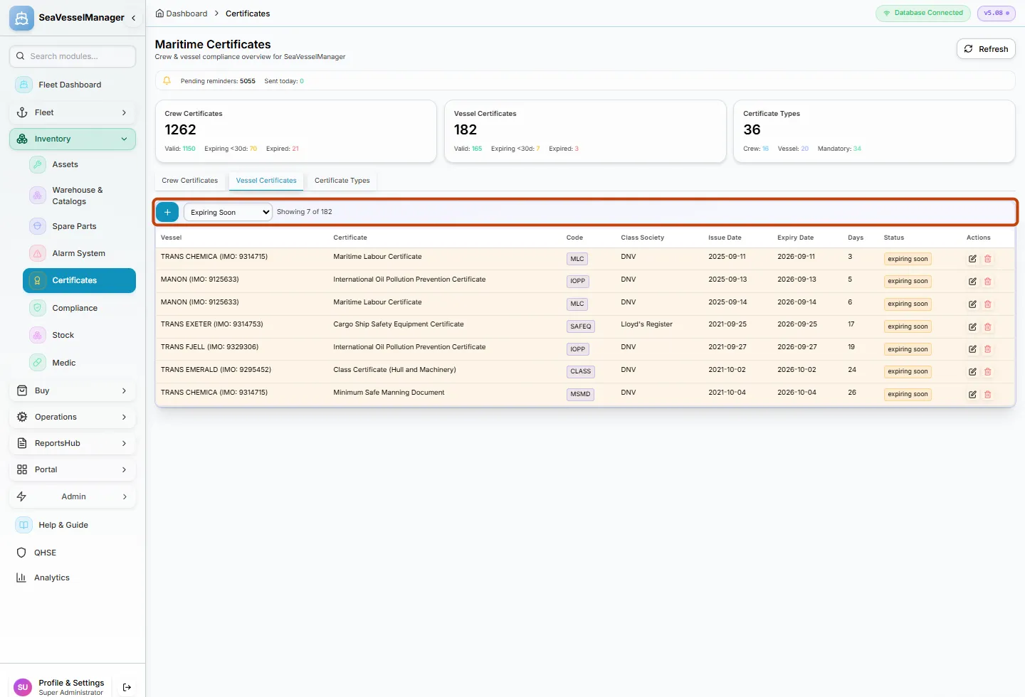 SeaVesselManager Certificates module listing vessel certificates that are expiring soon