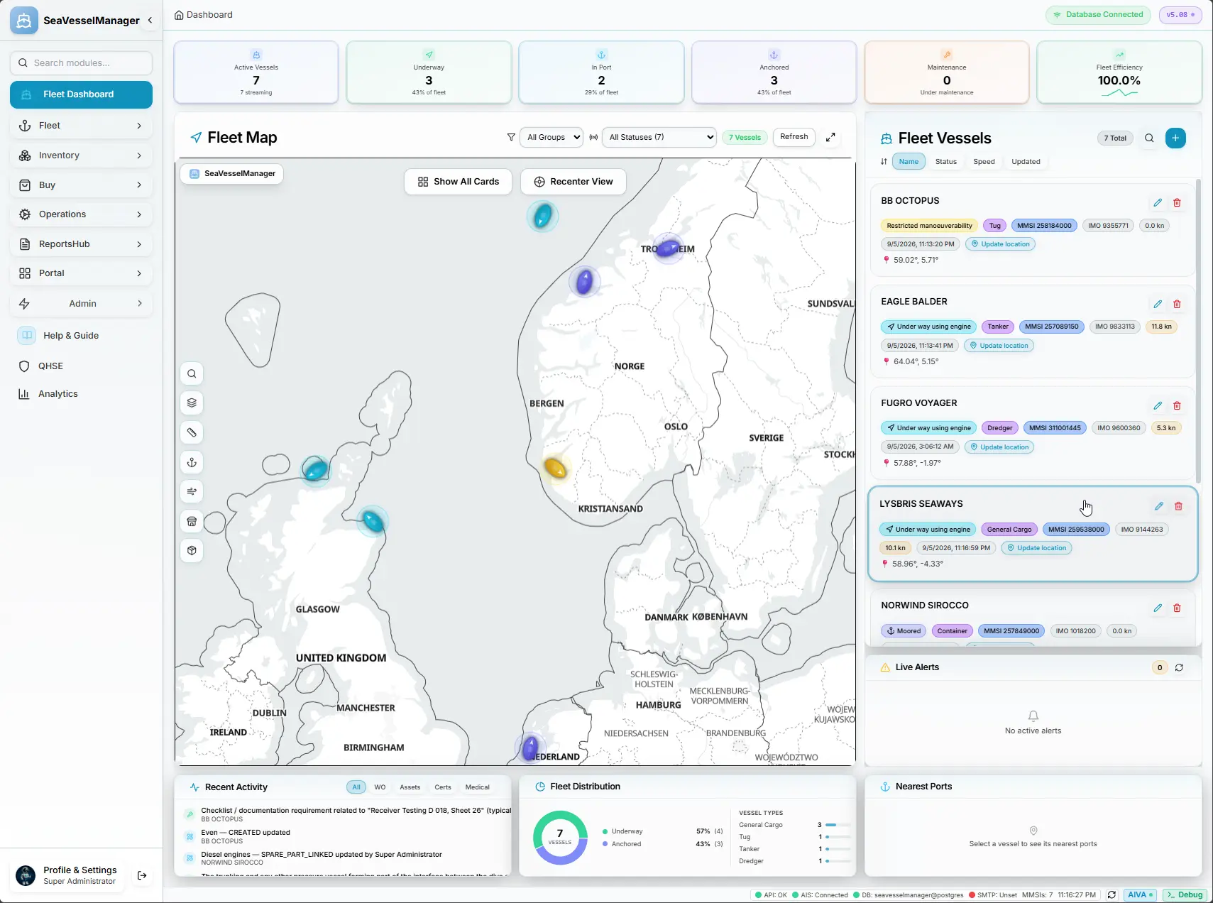 SeaVesselManager Fleet Dashboard with live fleet map, vessel cards and fleet KPIs