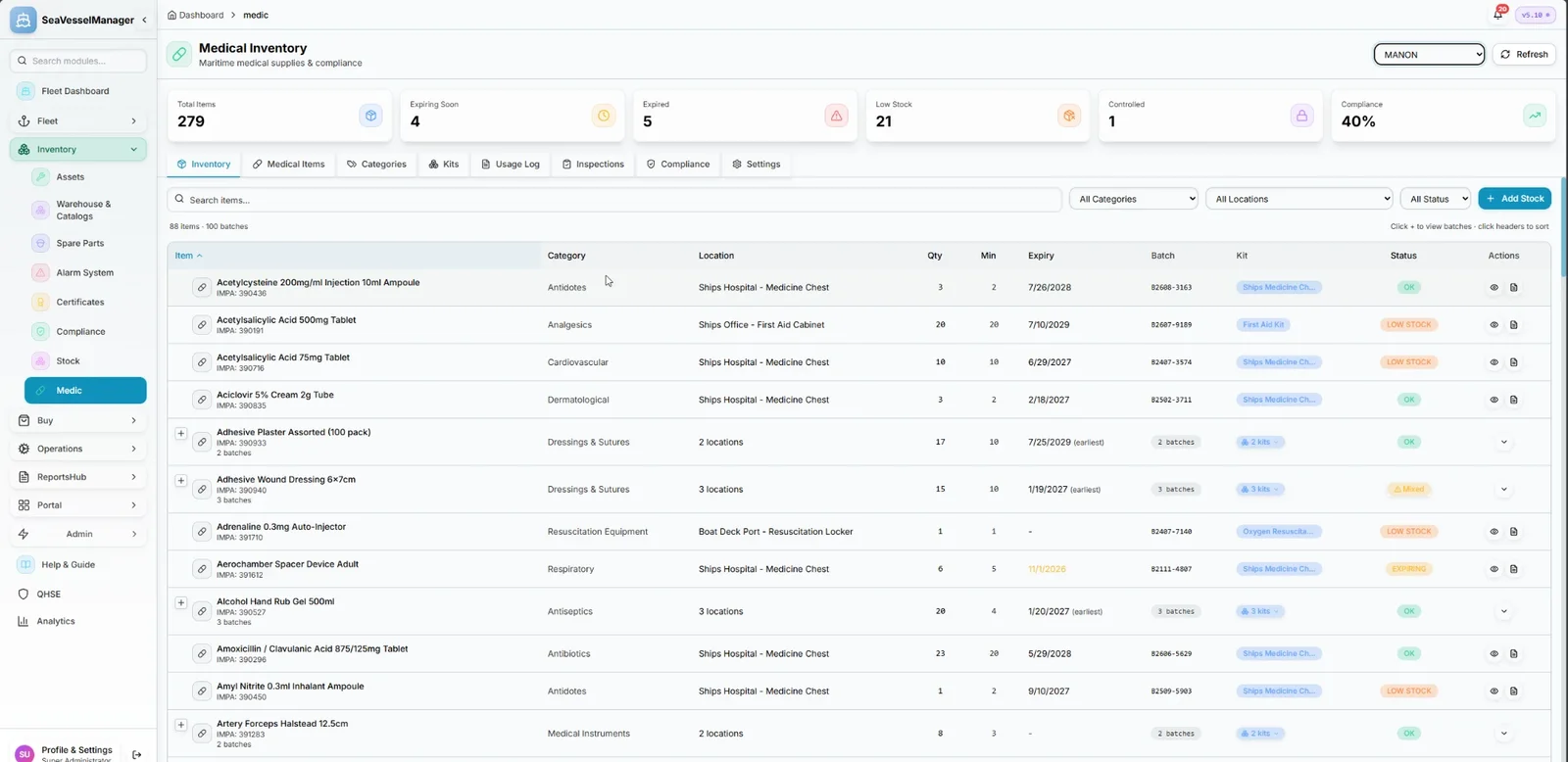 SeaVesselManager Medical Inventory with stock, expiry dates and compliance