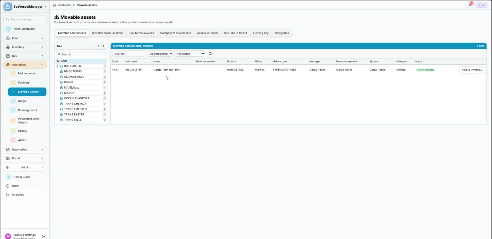 SeaVesselManager Movable assets with a tree of vessels and a grid of movable components