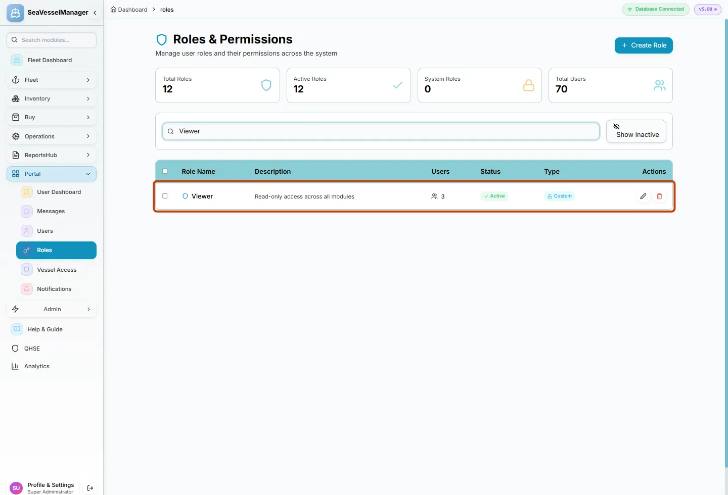 SeaVesselManager Roles and Permissions page in the User Portal