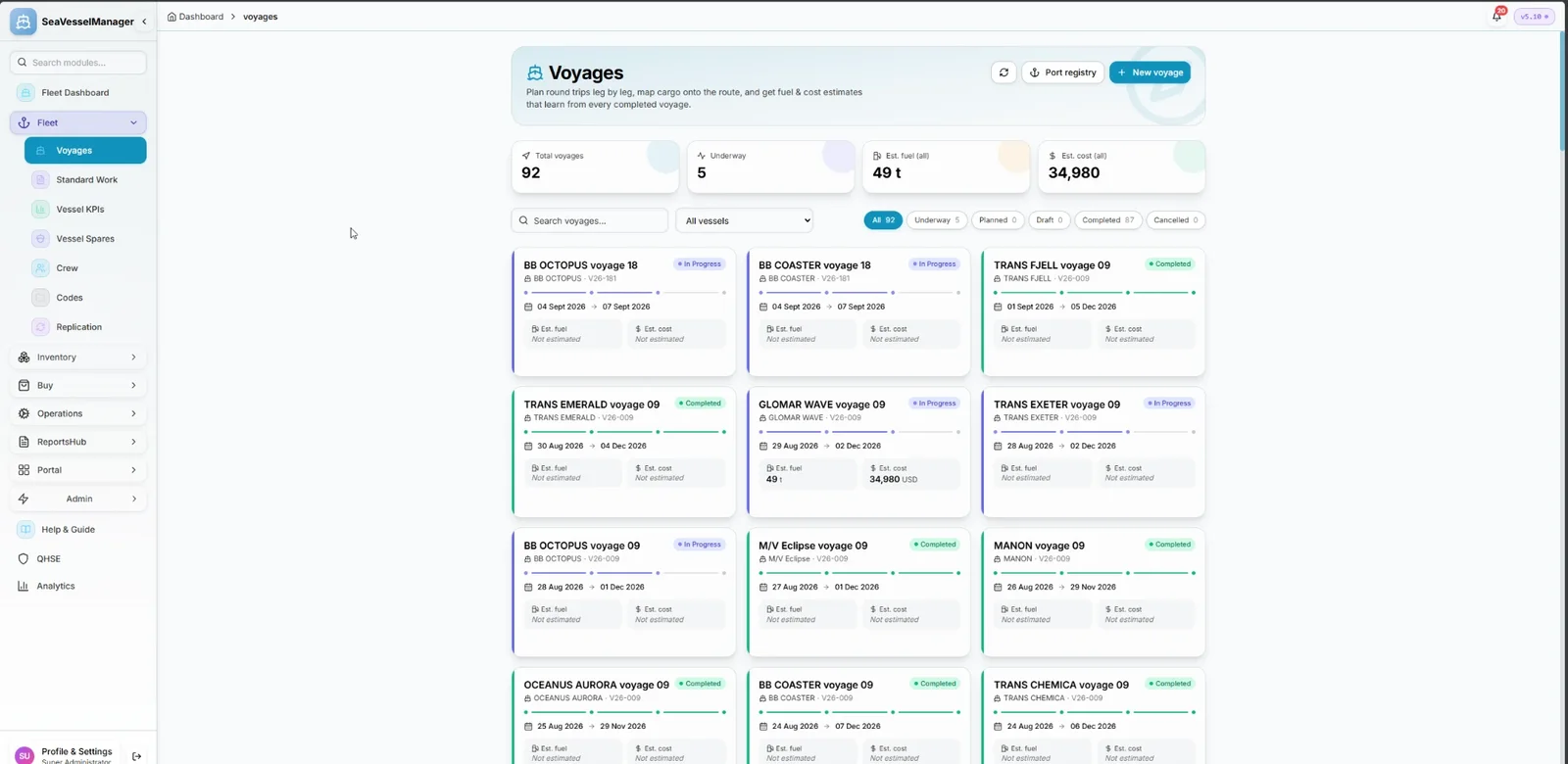 SeaVesselManager Voyages with voyage cards, status filters and fuel and cost estimates