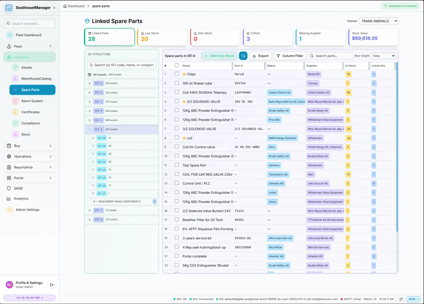 Spare Parts Inventory Module - Ship Management System spare parts tracking and stock management